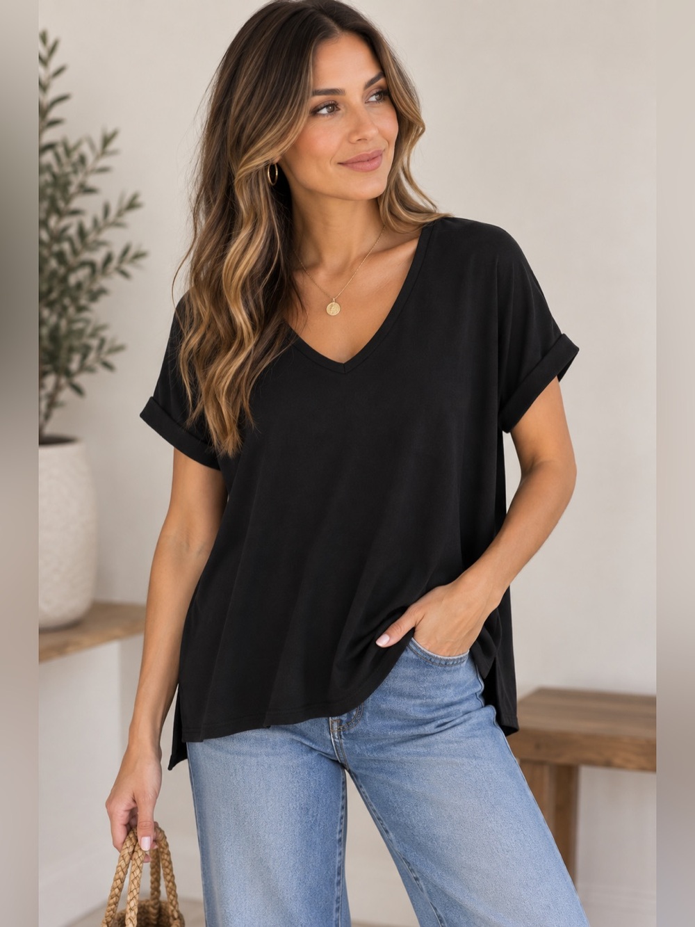 Three Bird Nest Black Oversized V-Neck Rolled Sleeve Top Size M